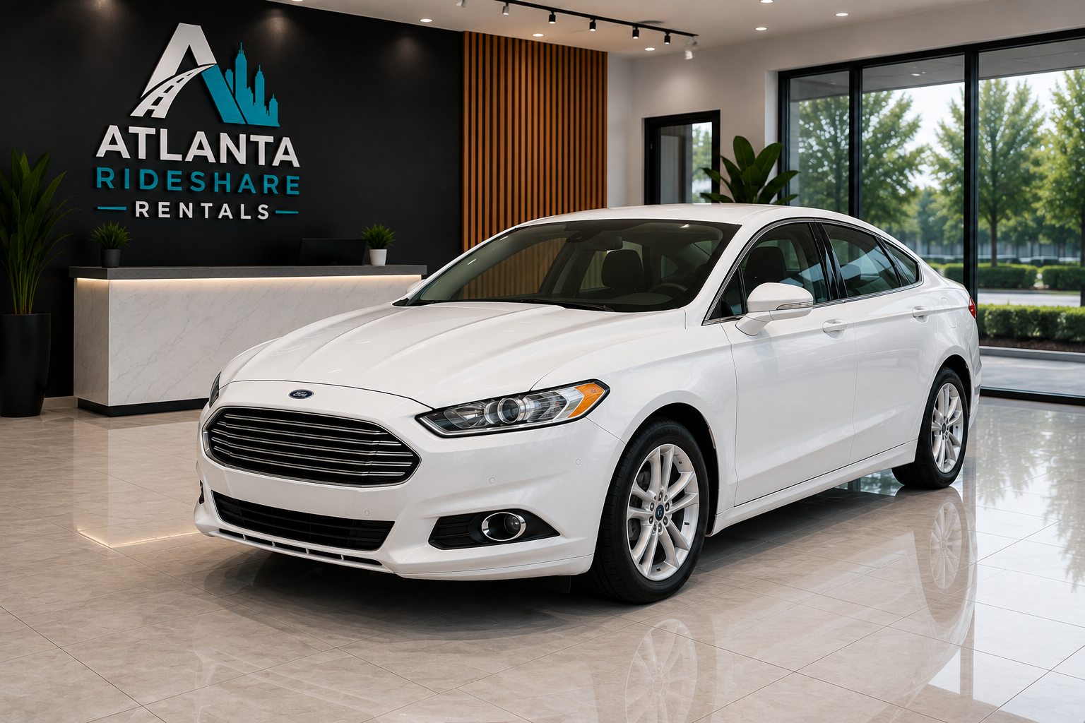 White Ford Fusion rental vehicle
